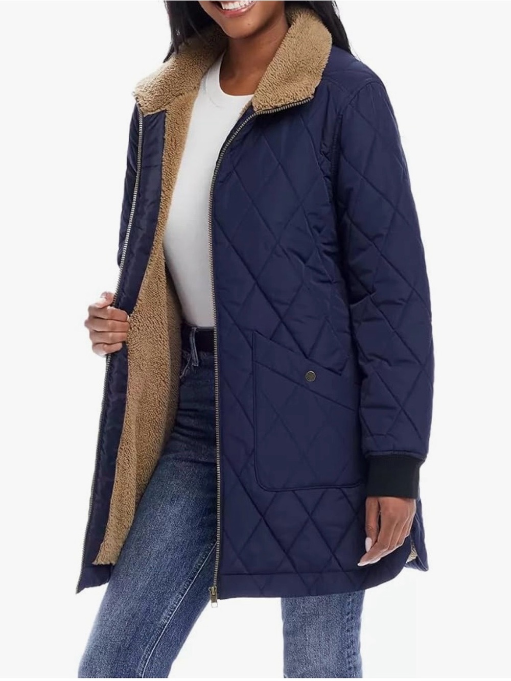 Weatherproof Vintage Quilted Sherpa Jacket NWOT | Large Navy Warm Hooded Coat - Picture 5 of 7
